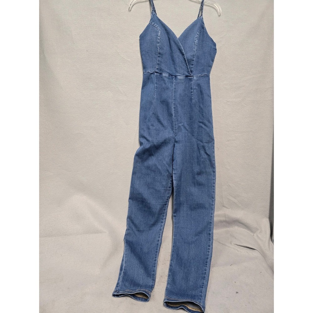 Womens Blue Denim V-Neck Open Back Jumpsuit Size L Y2K boho trendy